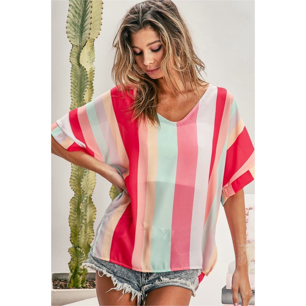 NEW! Woven Multicolor Vertical Stripe V Neck Blouse - Picture 4 of 8